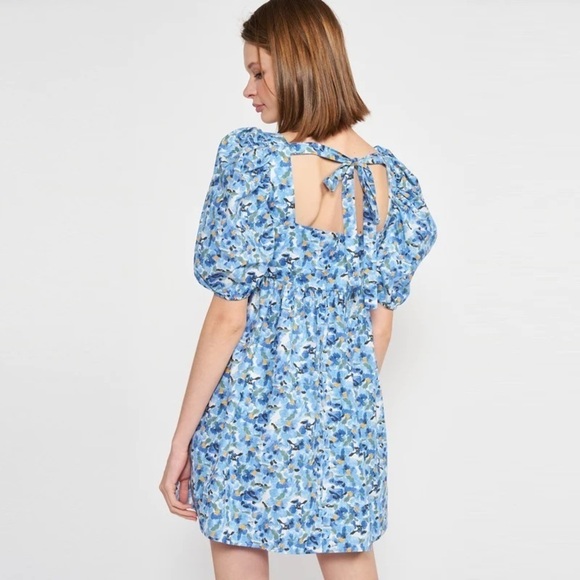 Jacquie The Label Watercolor Floral Print Puff Sleeve Tie Back Babydoll Dress - Picture 5 of 15